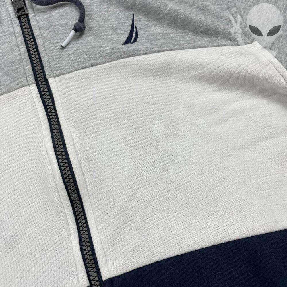 Nautica Men Small Gray White Navy Colorblock Full Zip Hoodie J Class Sailboat - Picture 5 of 7